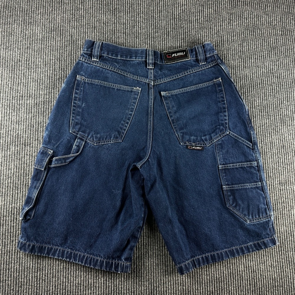 FUBU Mens VTG Denim Carpenter Shorts Dark Wash Cargo Hip Hop Baggy Streetwear 34